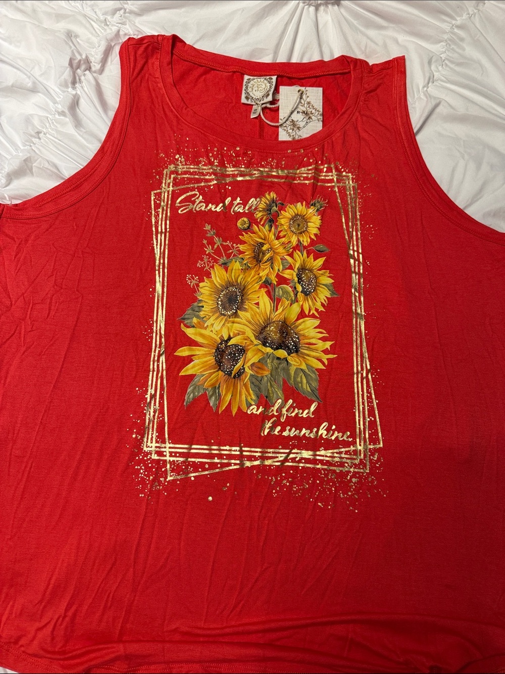 Red Sunflower Graphic Tank Top with Gold Accents